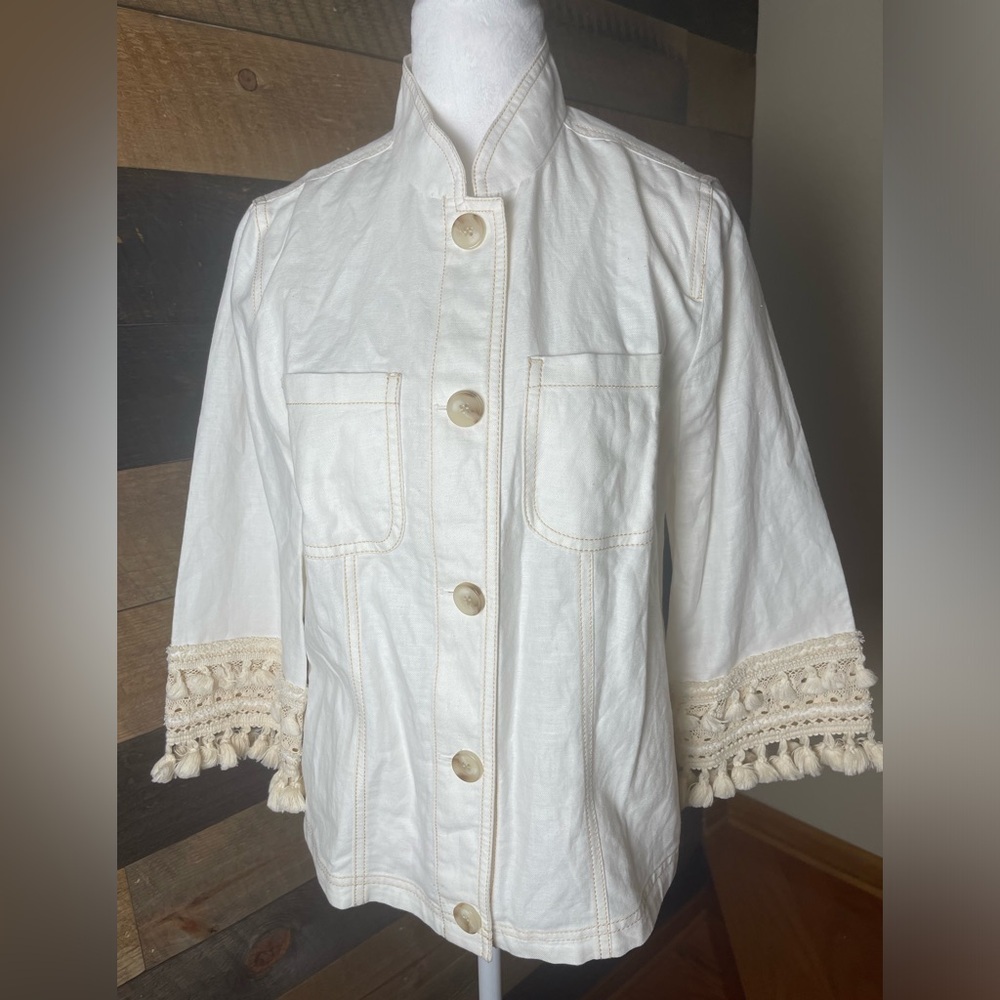 Chico's 3/4 Sleeve Linen Blend Utility Jacket Blazer Alabaster Boho Size 8 - Picture 2 of 13